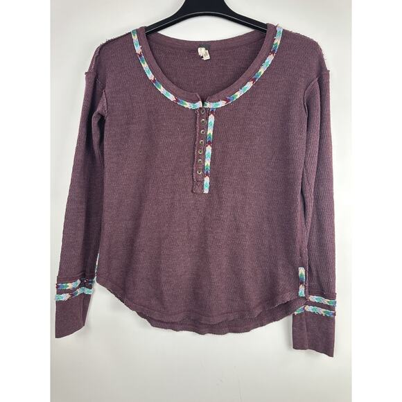 We The Free People Rainbow Trim Henley Thermal Top Small Boho Embroidered Wine - Picture 12 of 13